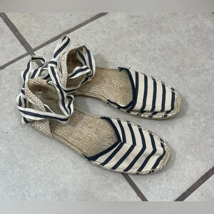 Soludos Cream Black Striped Nautical Strappy Ankle Tie Espadrilles Flats Sz 9.5